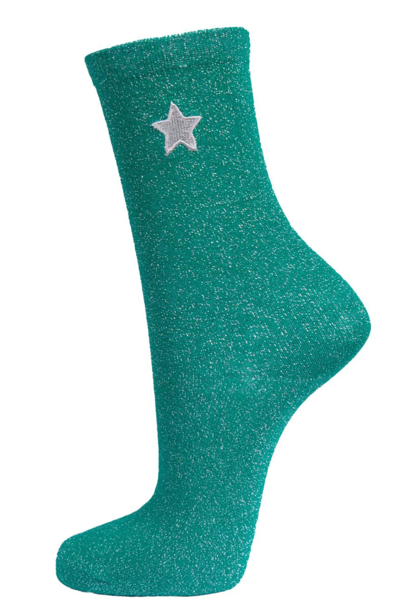 Green Embroidered Star Glitter Socks