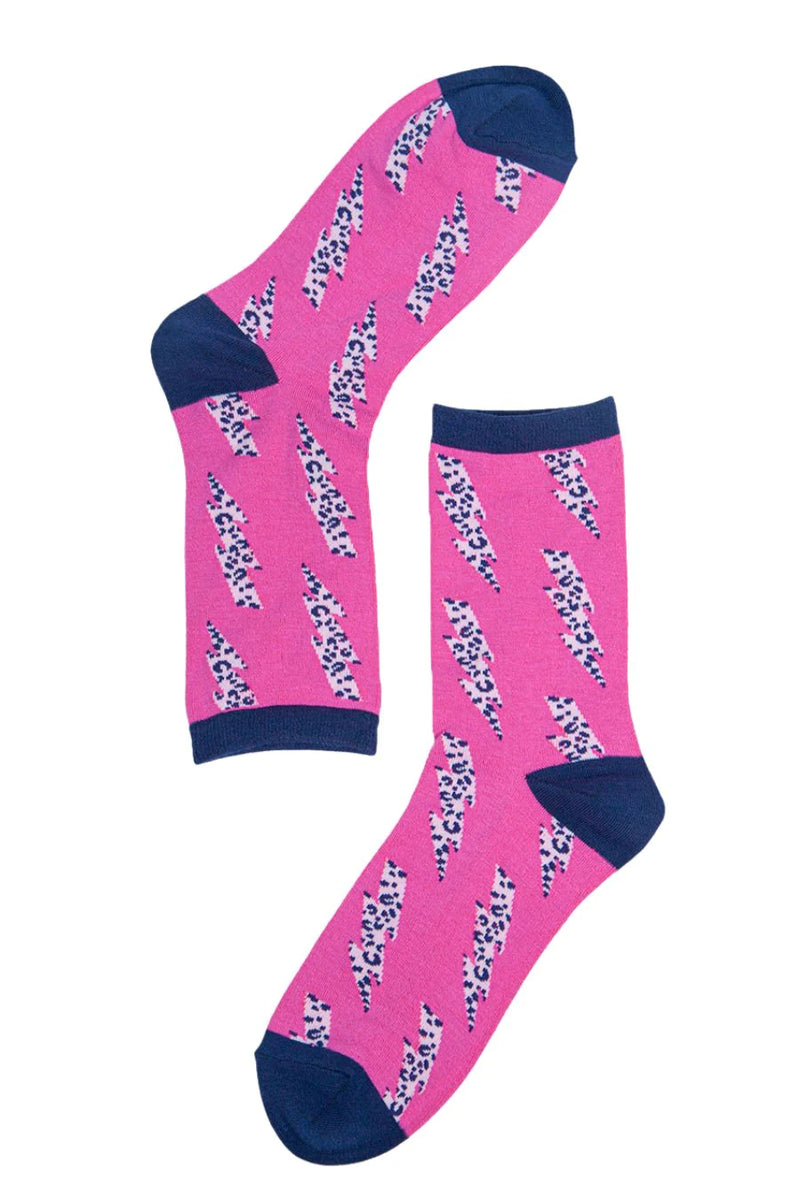 Hot Pink & Navy Lightning Bolt Socks