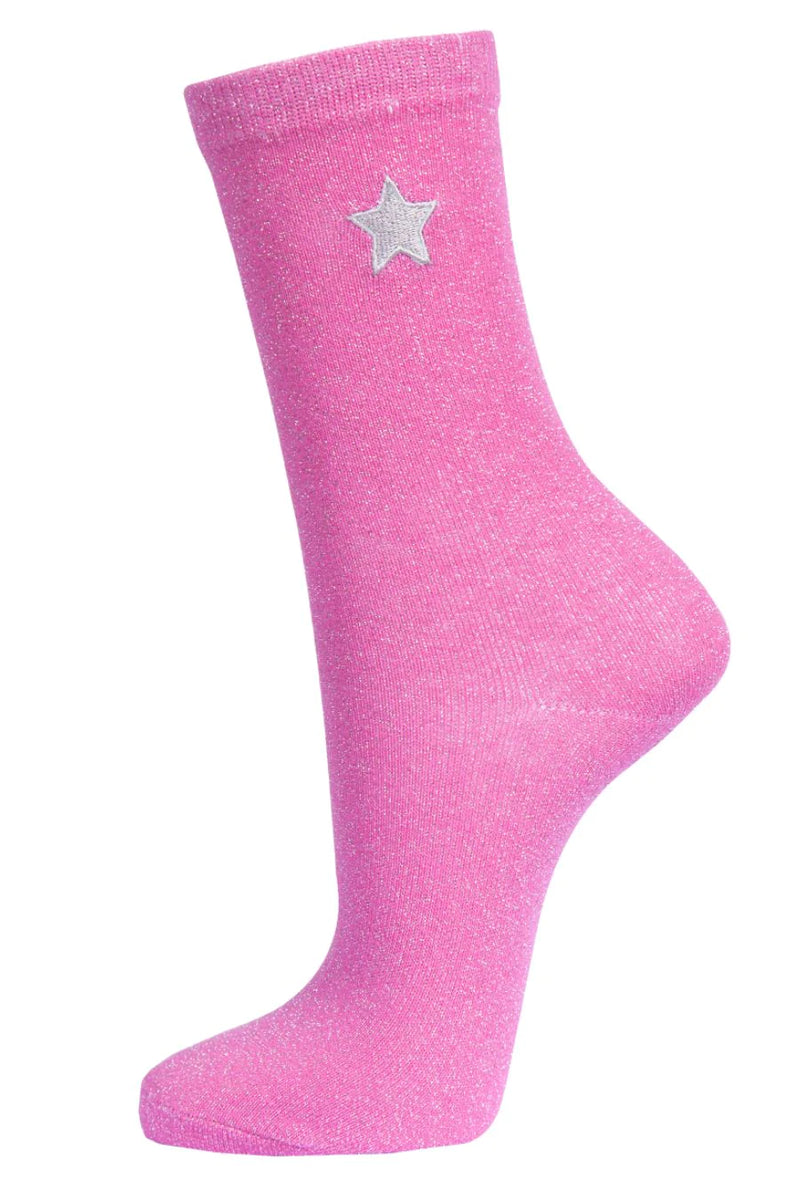 Fuchsia Embroidered Star Glitter Socks