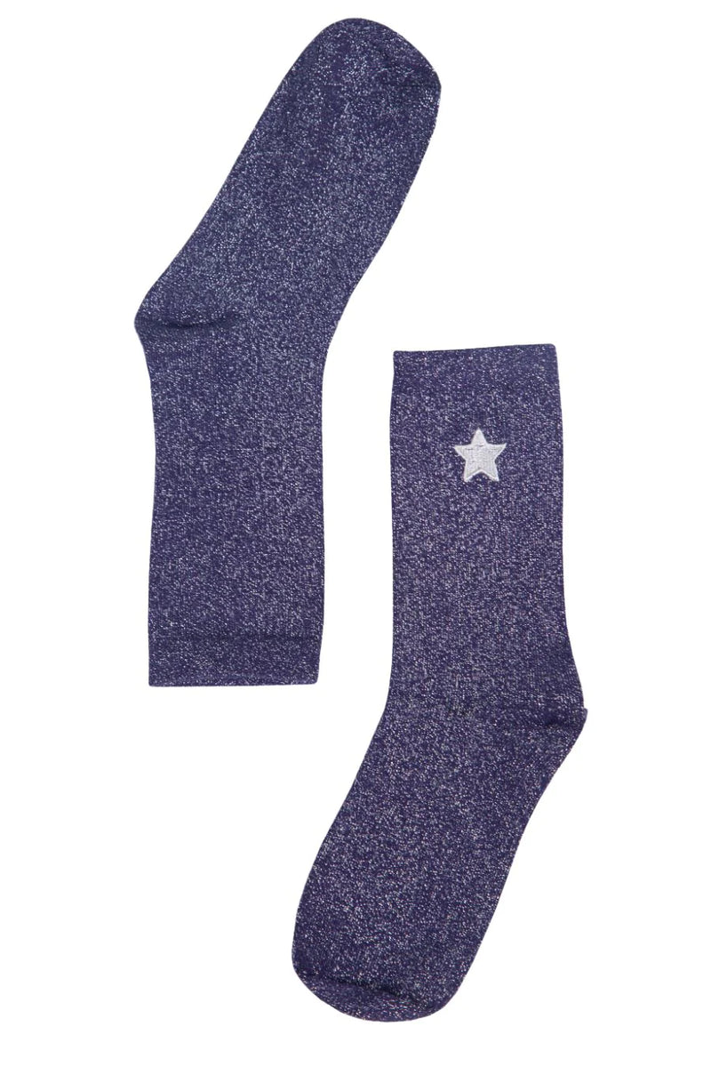 Navy Embroidered Star Glitter Socks